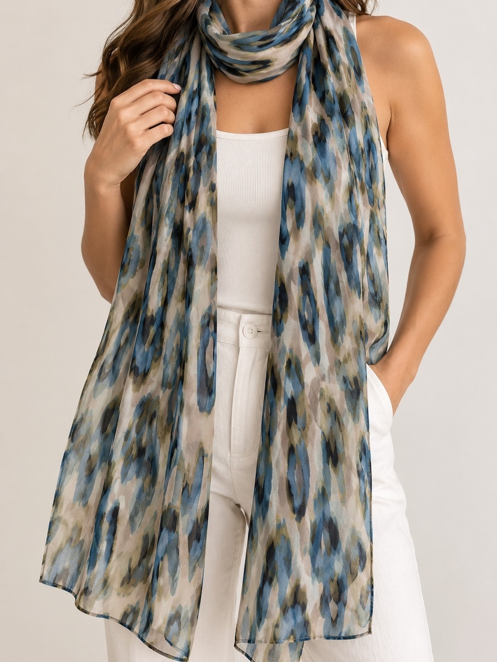 Coldwater Creek 100% Silk Abstract Watercolor Scarf Blue Beige 21x72